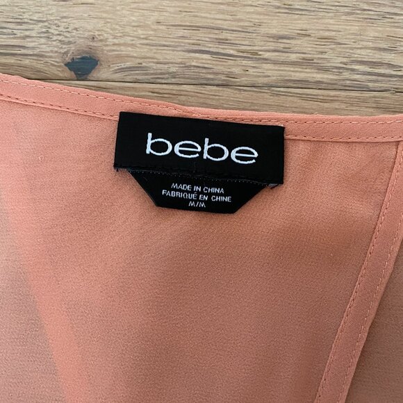 Bebe Sheer Peach Button Front Top w Open Split Backing Size Medium - Picture 6 of 9